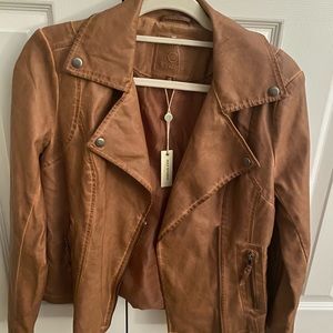 Faux leather (not actual leather), light brown, NWT, never worn.